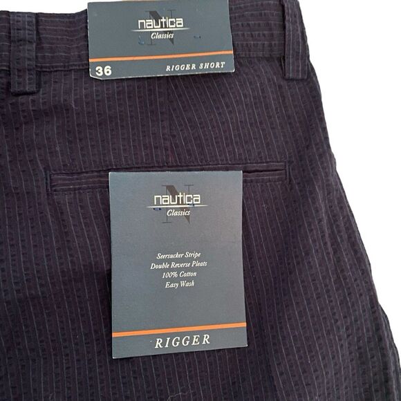 NWT Nautica Seersucker‎ Striped Shorts Rigger Double Reverse Pleats Sz 36 Navy - Picture 4 of 8